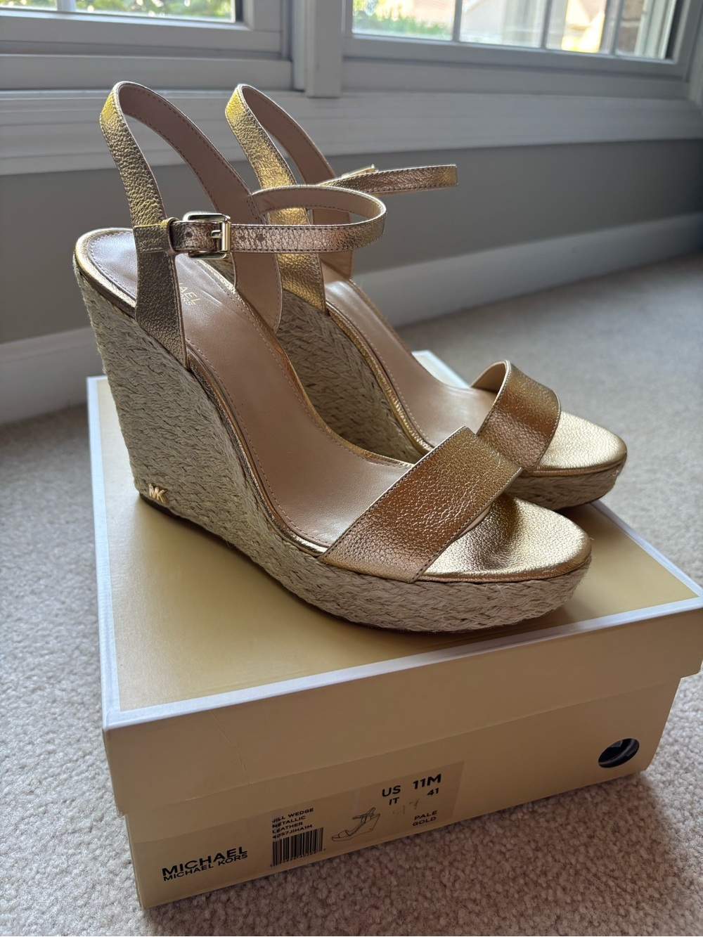 Michael Kors Gold Metallic Espadrille Wedge Sandals with Ankle Strap